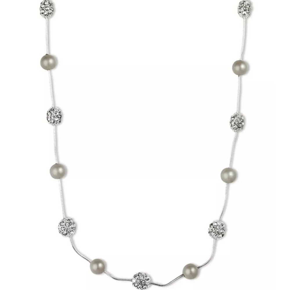 New ANNE KLEIN Silver-Tone Crystal Imitation Pearl Strand Necklace